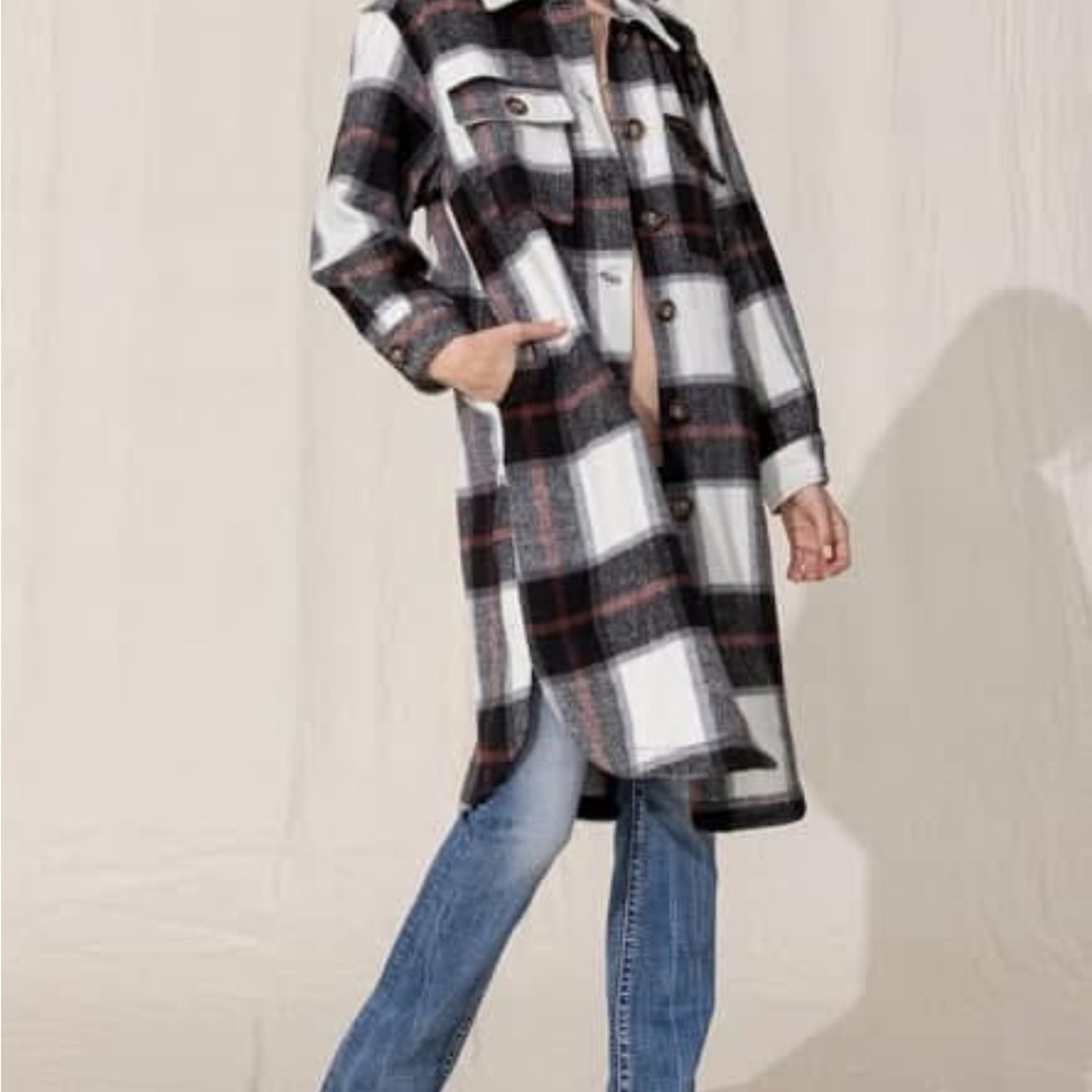 Plaid Longline Coat - Black and White